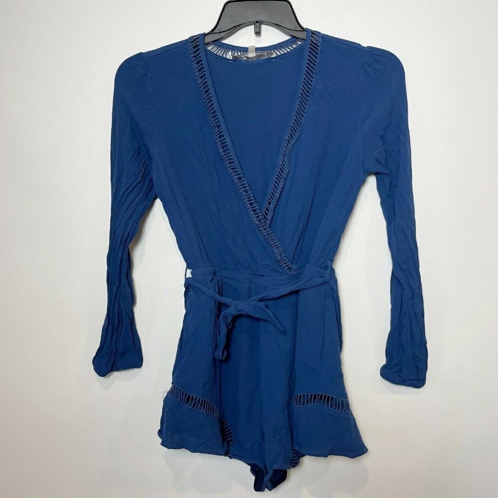 Lovers + Friends Womens Boho Long Sleeve Romper Cutout Blue M‎ V-Neck Tie Waist